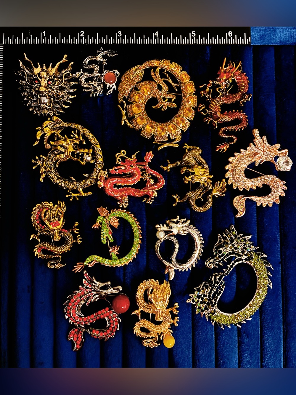14 Pc Dragon Brooch Pins Rhinestone Enamel Asian Mythical Beast Flying